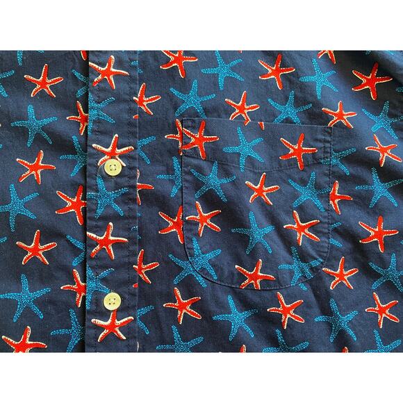 Lands End Button Down Shirt Mens L 16-16 1/2 Red White Blue Starfish shortslve - Picture 4 of 9